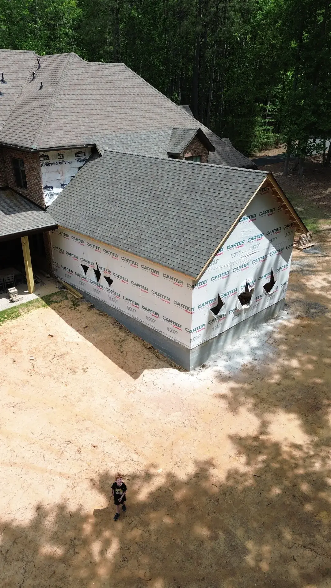 Aerial view of gable end and new roofline on home addition — York County SC
