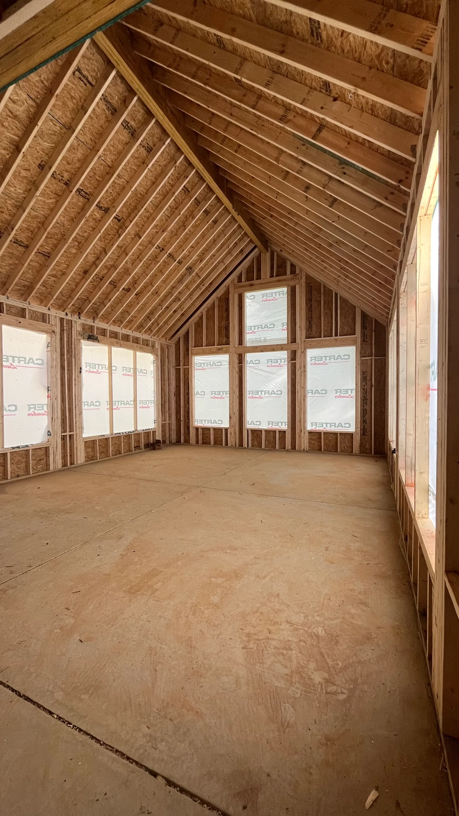 Interior framing of 645 SF great room addition — York County SC home expansion
