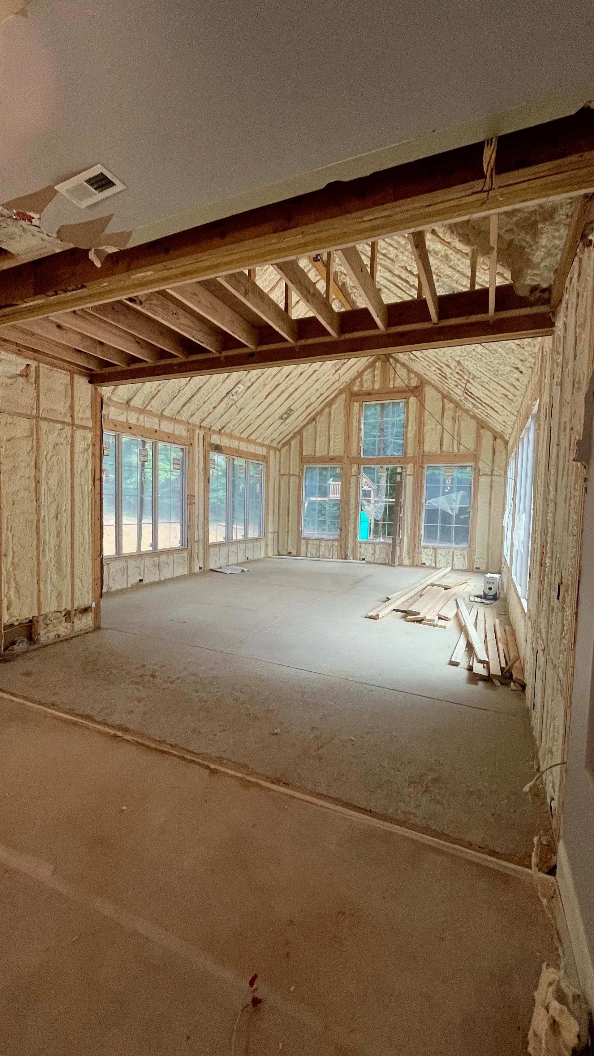 Spray foam insulation and Pella windows installed in new addition interior — York County SC