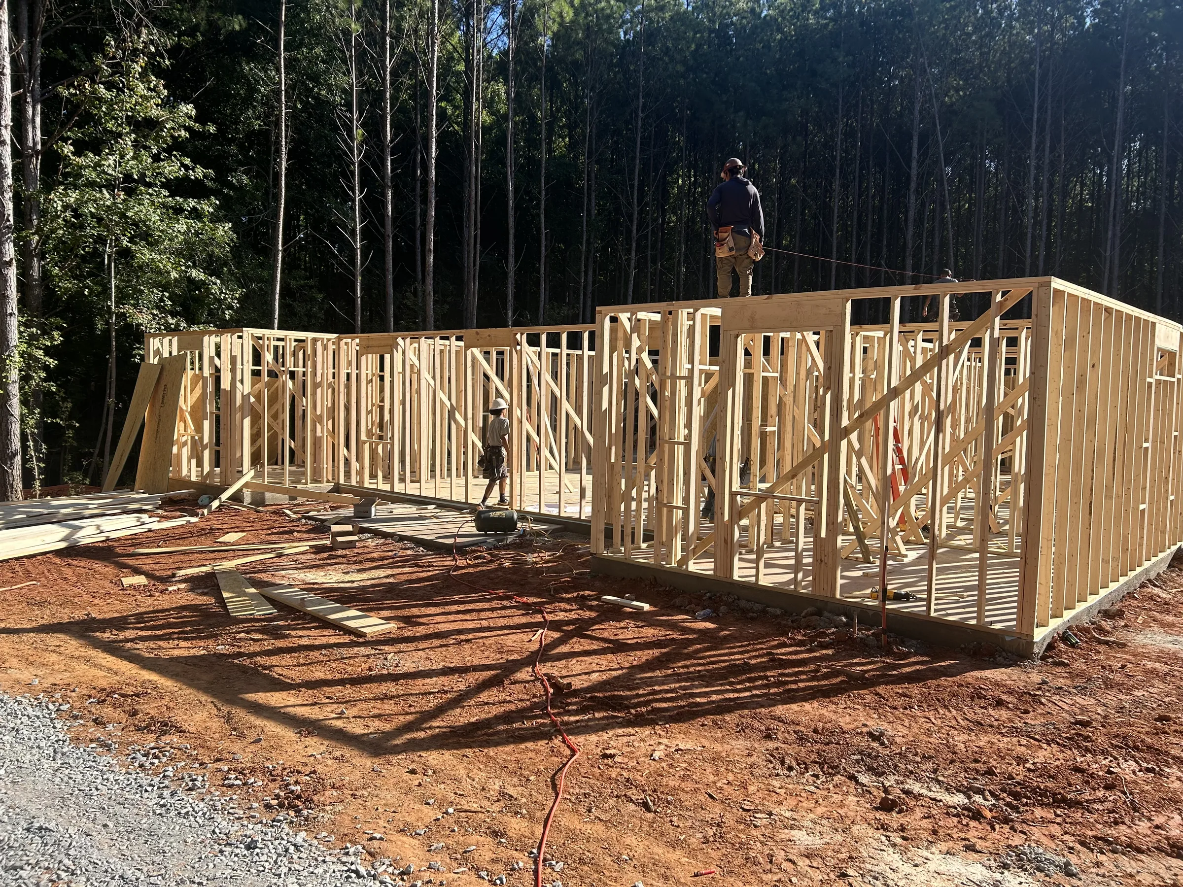 Wall framing underway for the Contemporary Ranch home in York County, SC