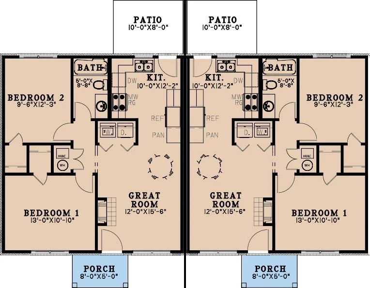 Floor plan of upcoming duplex — Clover, SC, mirrored 2 bed / 1 bath units