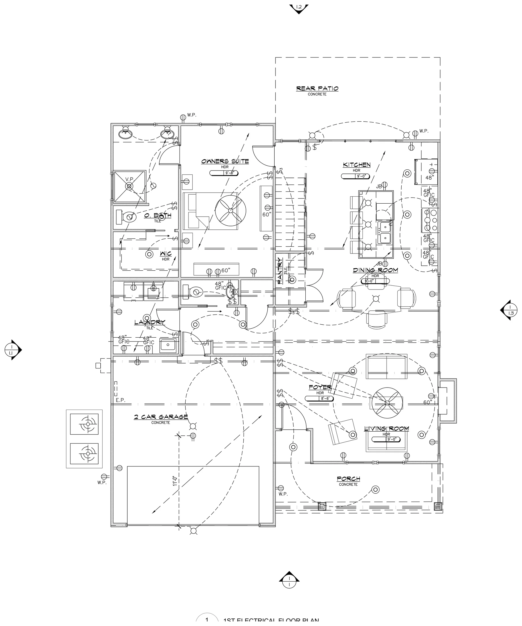 First floor plan — owner's suite, kitchen, dining, living room, 2-car garage