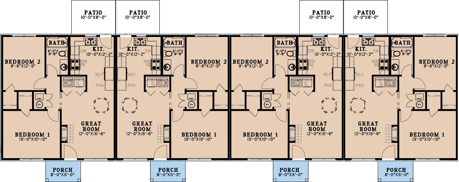 Floor plan of quadplex — Clover, SC, 2 bed / 1 bath per unit